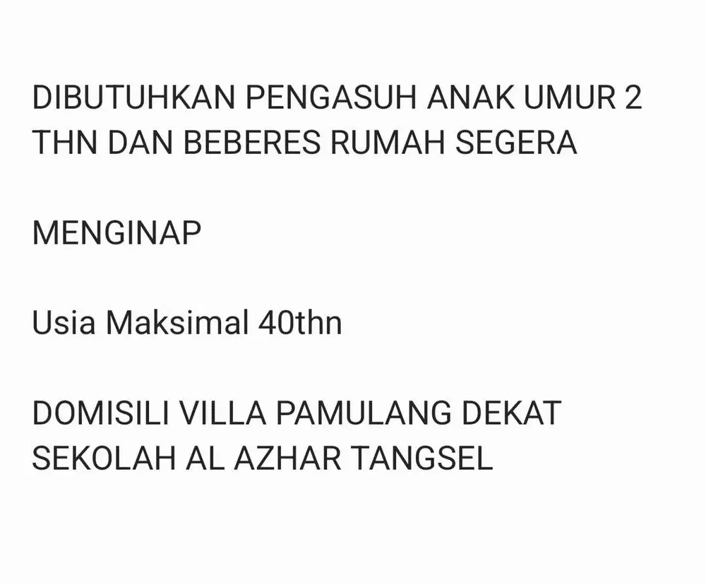 Dicari ART dan pengasuh anak