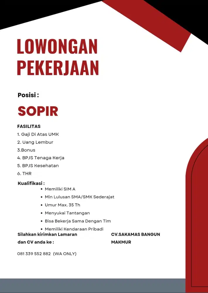Dicari segara sopir toko besi
