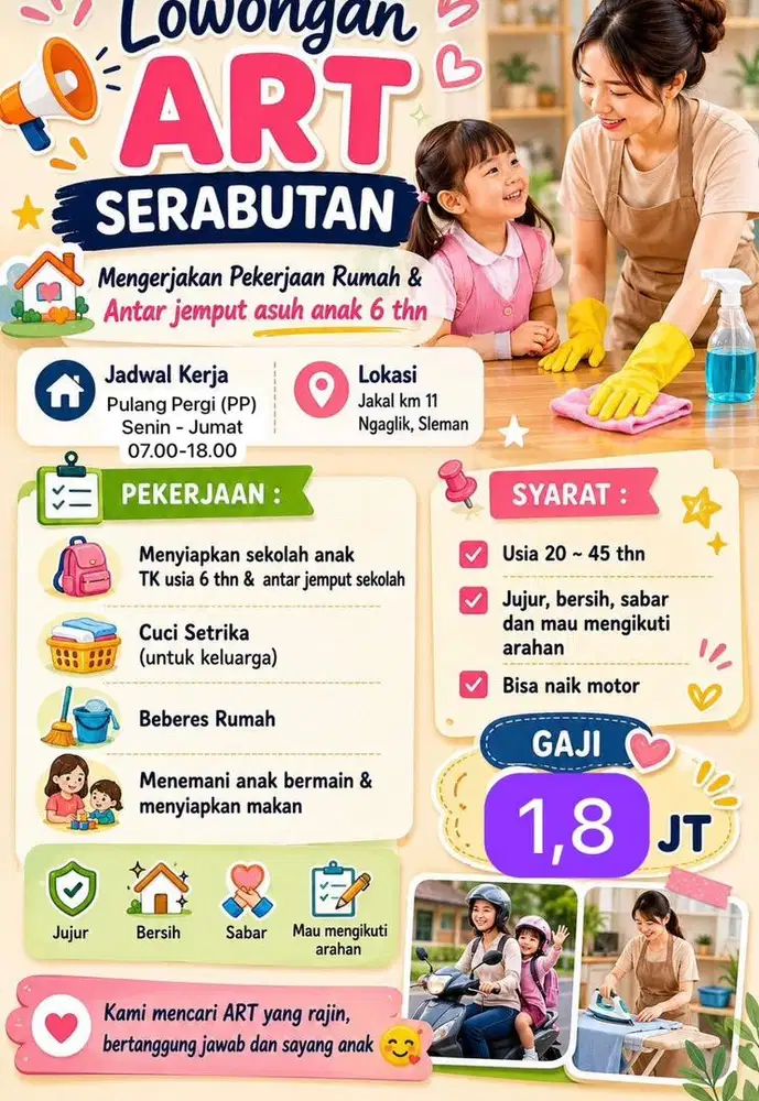 Loker ART PP Jogja - Beberes & Menemani anak TK