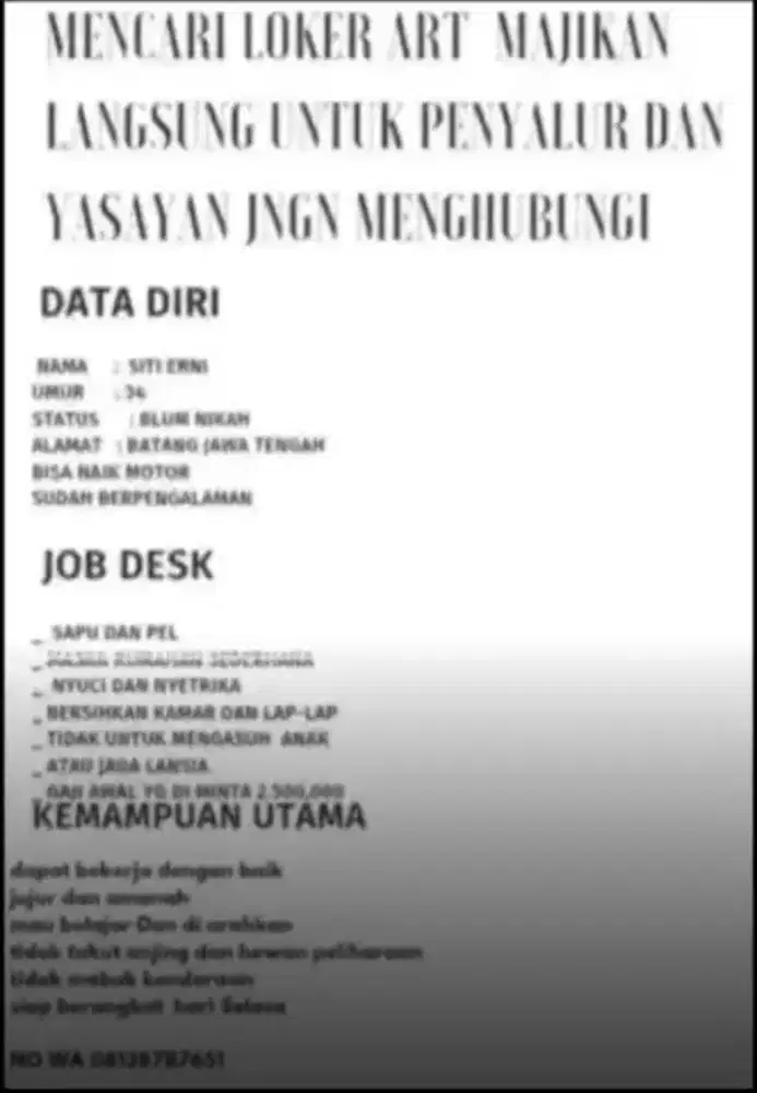 saya loker ART untuk 2 orang 1 majikan langsung
