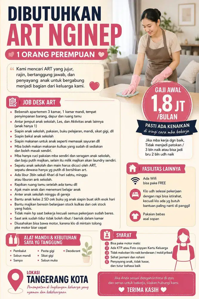 lowongan ART menginap langsung majikan, bukan penyalur