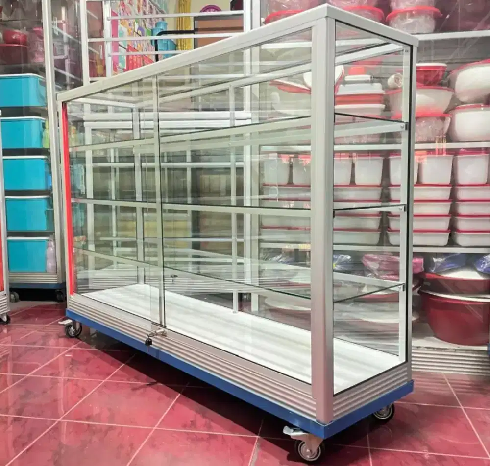 Etalase Panjang 1,5 Meter Sudah PAKE RODA & Kunci