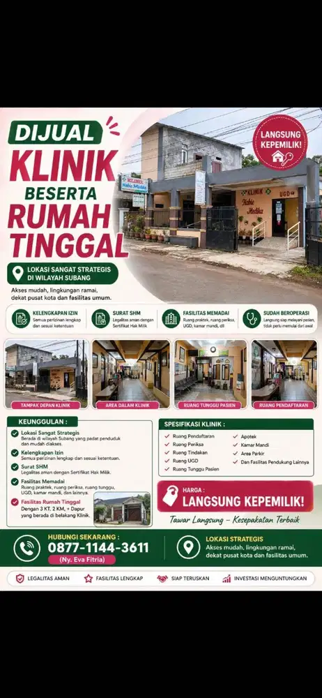 Dijual klinik dengan lokasi yang strategis.pinggir jalan provinsi