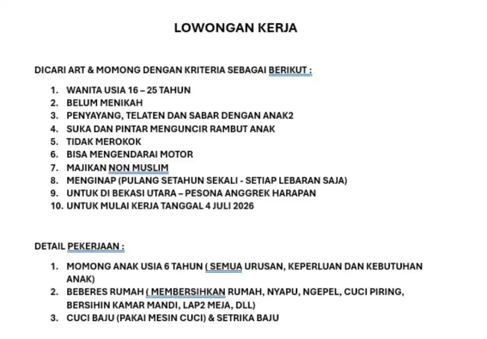 Lowongan ART serabutan