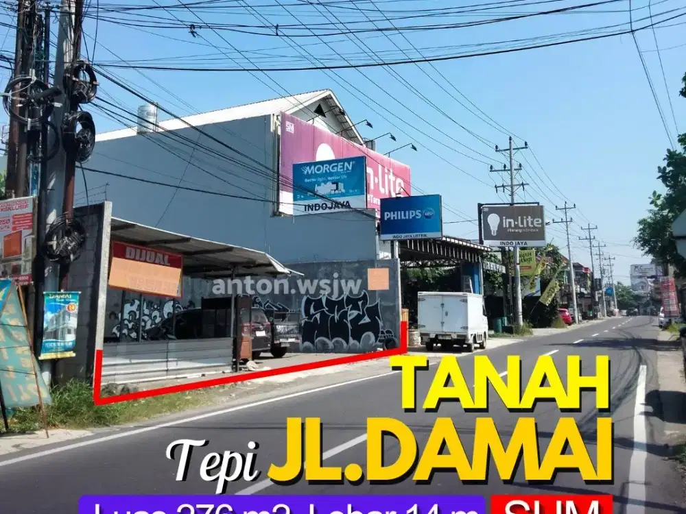 Tanah strategis tepi jalan raya Jl Damai Lt 276 m² lebar 14 m SHM
