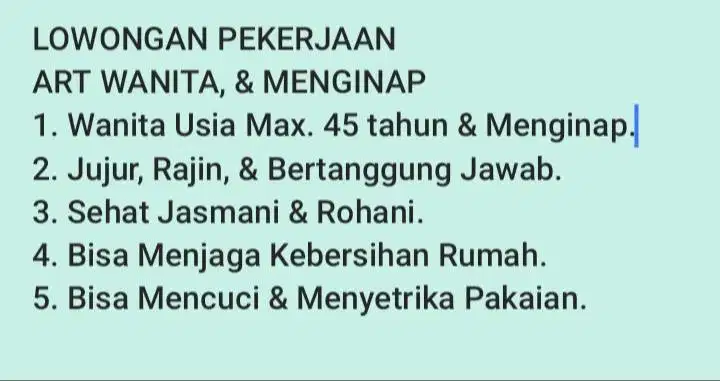 Dibutuhkan ART Wanita & Menginap.