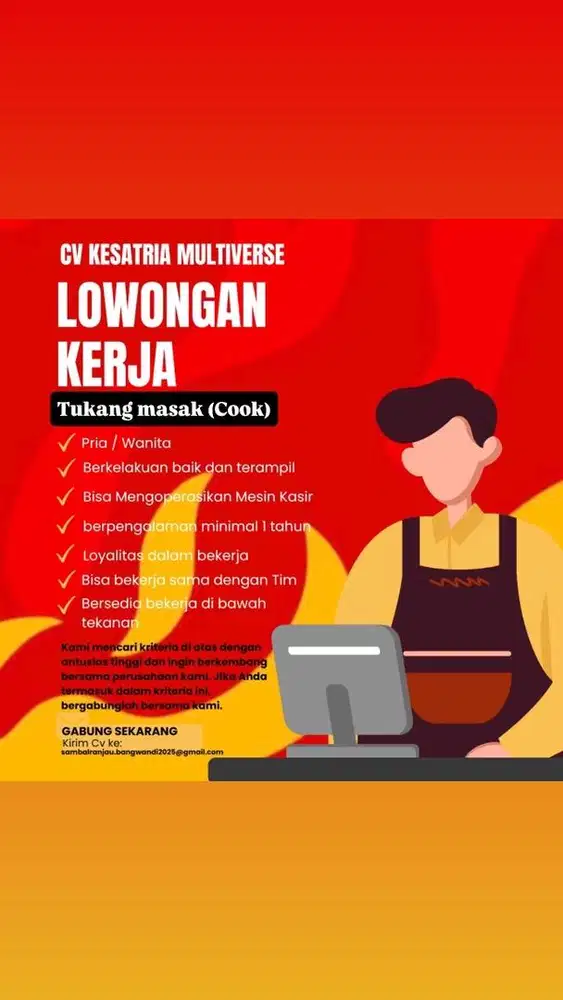 Di cari rukang masak pria/wanita