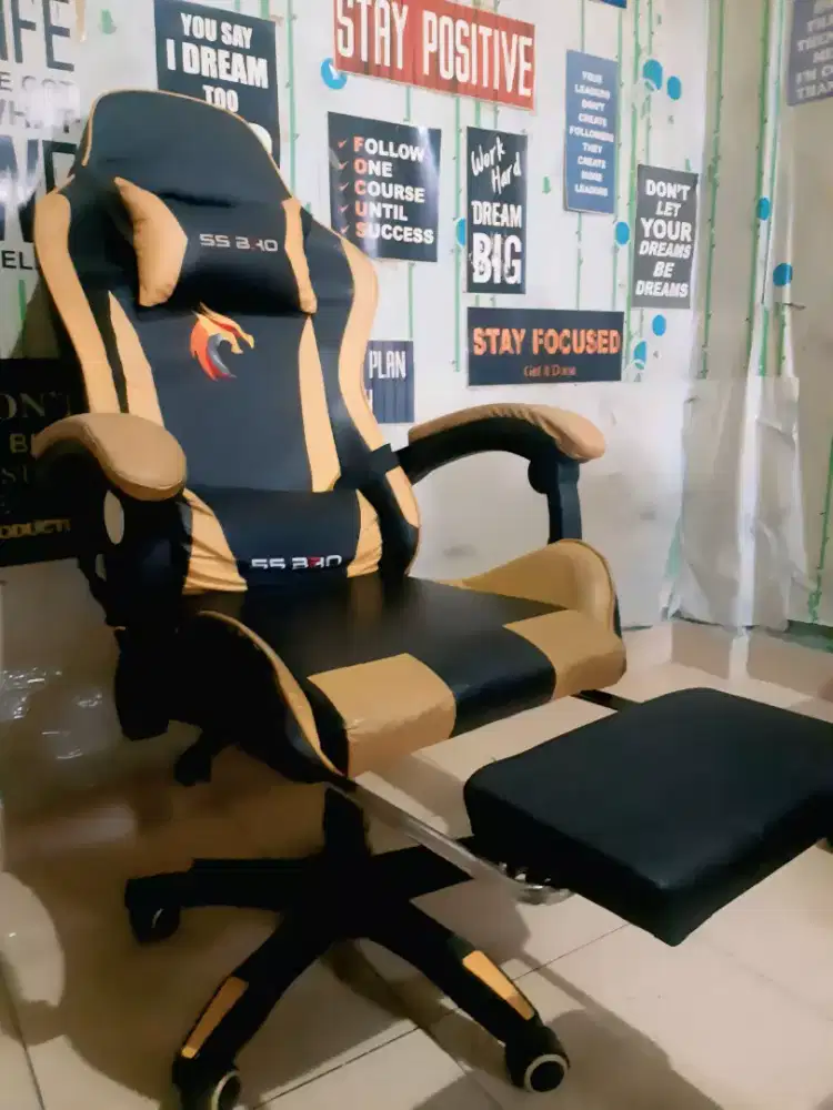 Kursi gaming SsBro yellow black Footrest bantal getar
