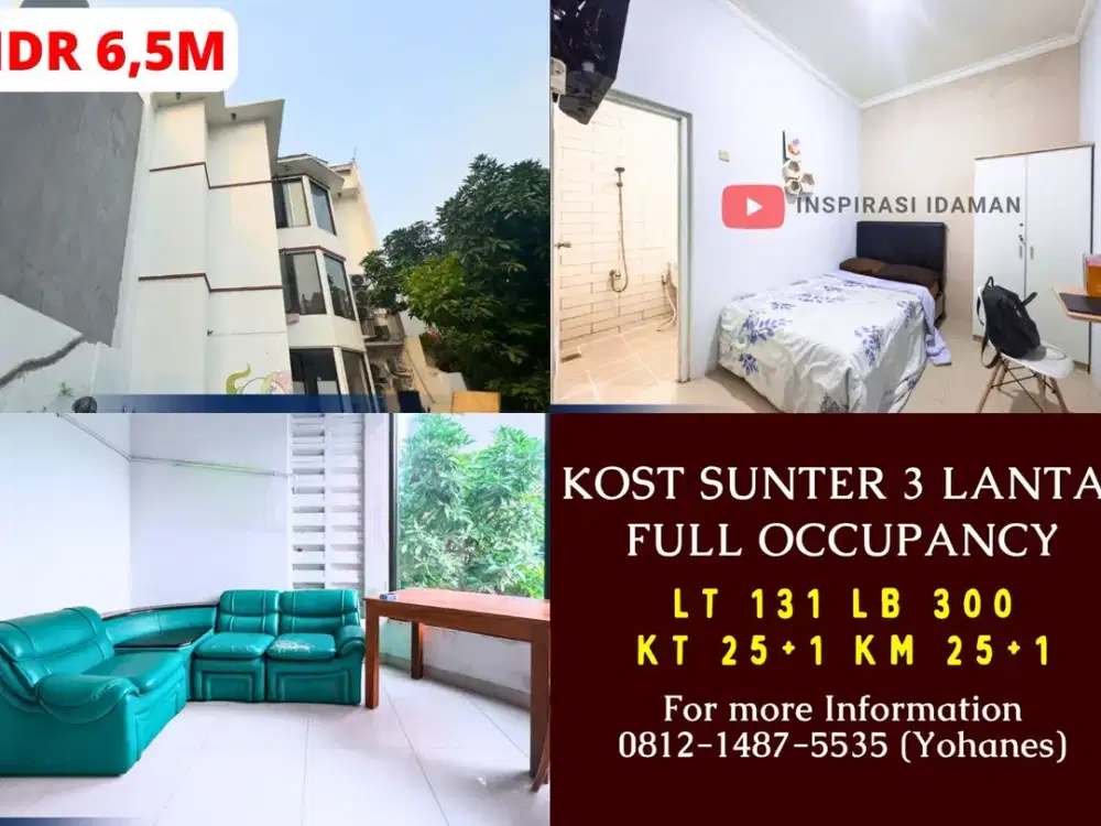 Kost Sunter 25+1 Pintu 3 Lantai Full Occupancy