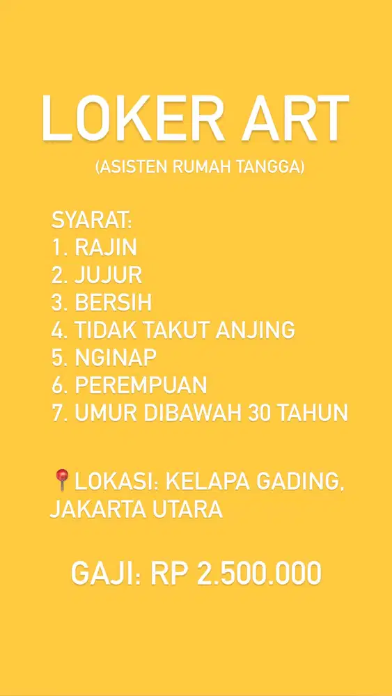 DIBUKA LOKER ART (ASISTEN RUMAH TANGGA) DI JAKARTA