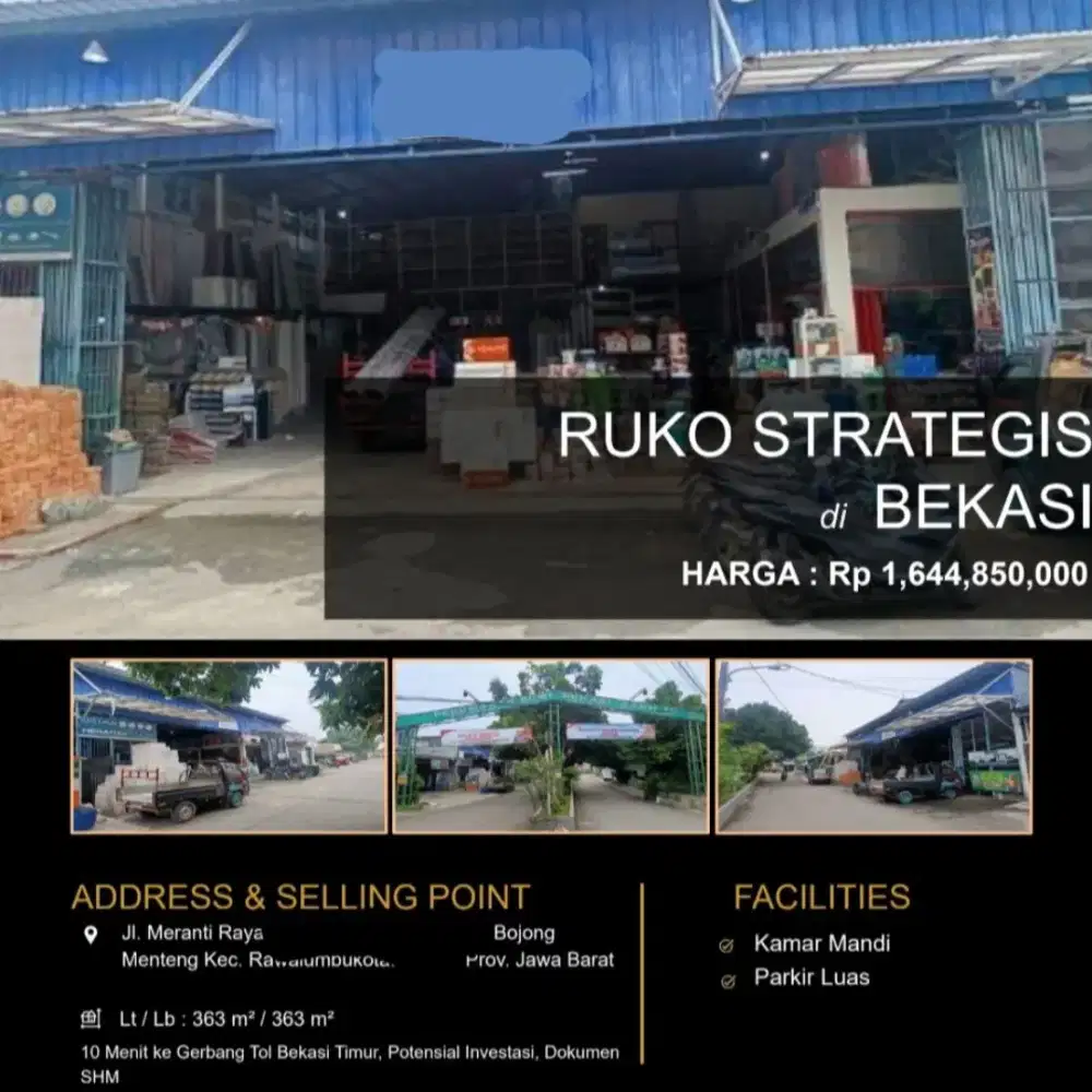 Dijual Ruko Jalan Meranti Raya Bojong Menteng Bekasi