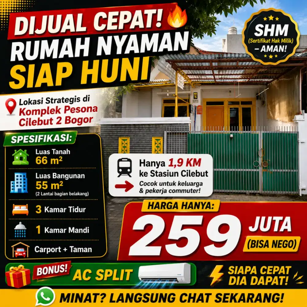 DIJUAL CEPAT RUMAH MURAH DEKAT STASIUN KRL CILEBUT dan TOL SENTUL