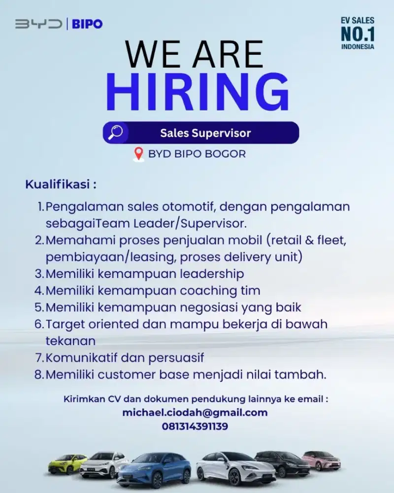 Lowongan Kerja Sales Supervisor BYD Bogor
