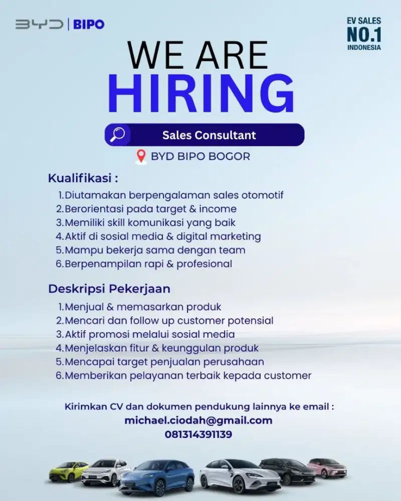 LOWONGAN KERJA SALES CONSULTANT BYD BOGOR