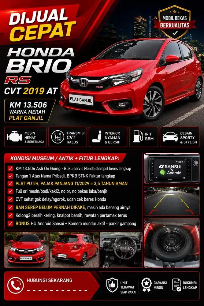 BRIO RS CVT 2019 TANGAN 1 KM 13 ANTIK PLAT PUTIH 11/2029 ban serep ori