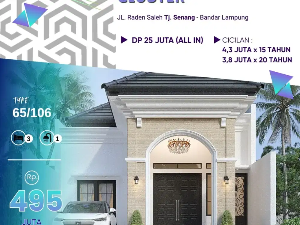 RUMAH MODERN CLUSTER DP MURAH ALL IN DEKAT KAMPUS UNILA PUSAT KOTA BANDAR LAMPUNG