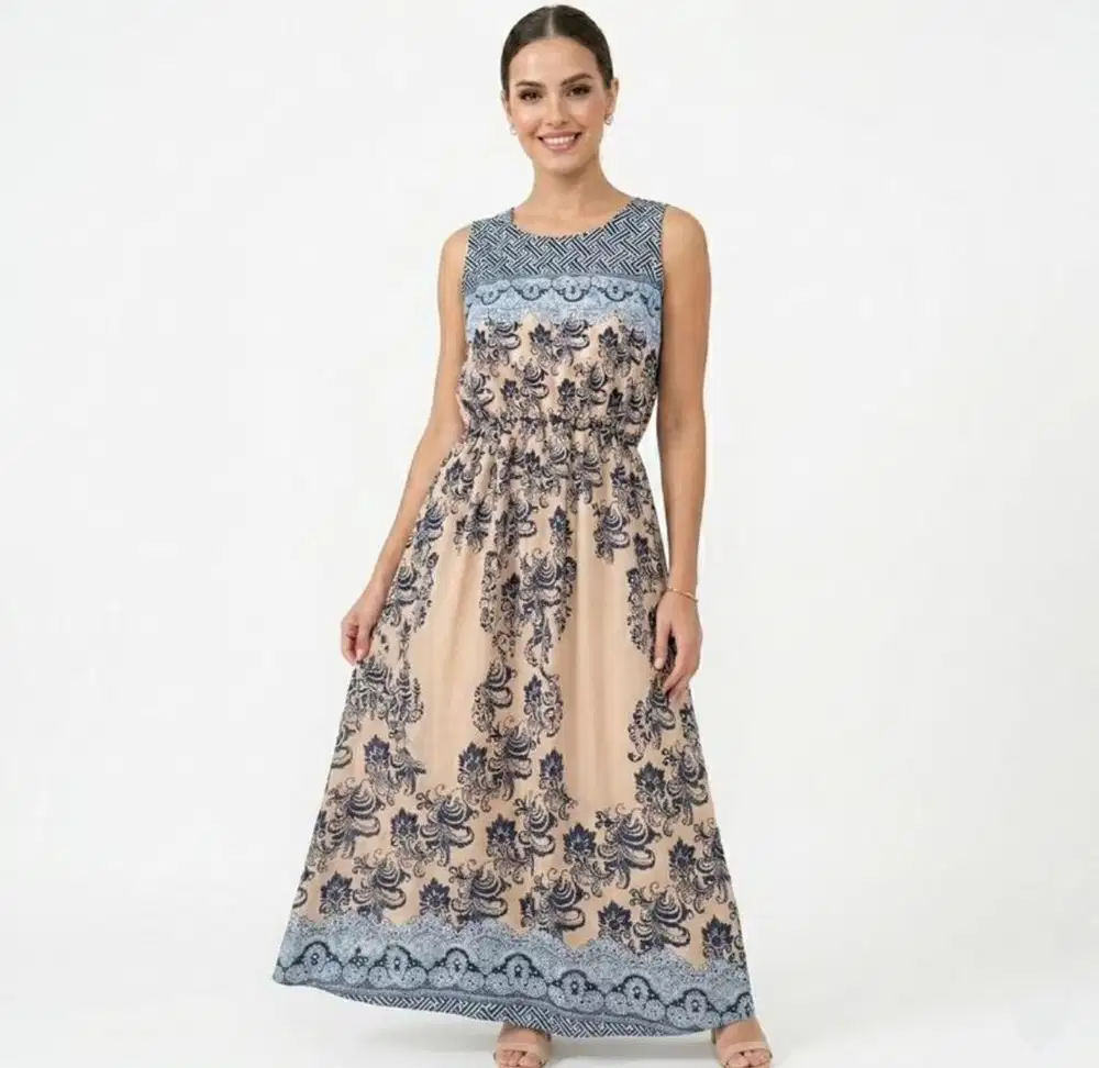 Maxi Dress Sleeveless Motif Floral & Lace (Cream/Navy)