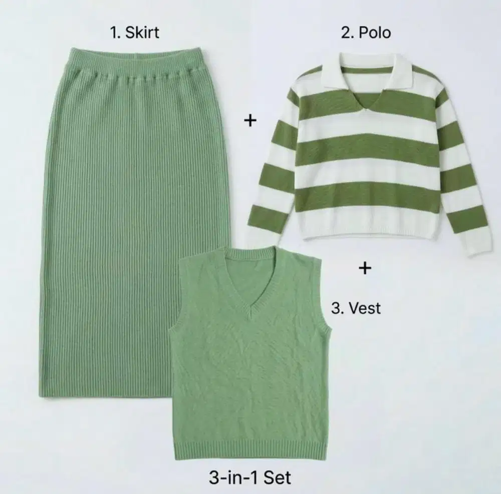3-in-1 Knit Set (Rok + Vest + Polo) Sage Green
