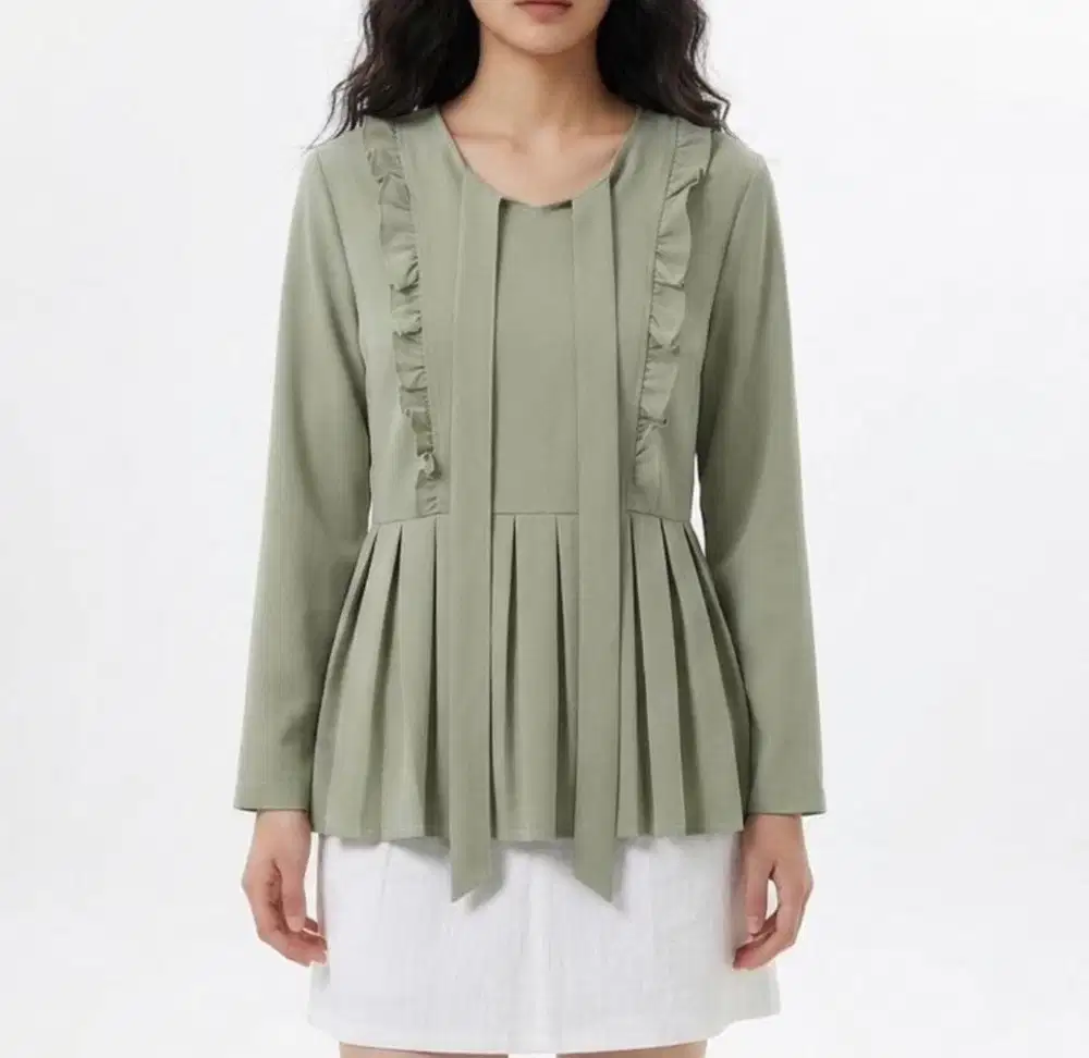 Sage Green Pleated Ruffle Blouse