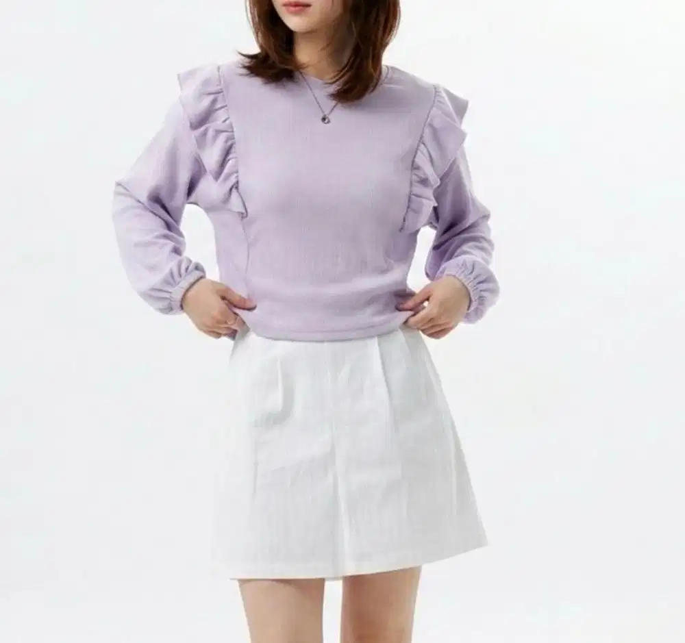 Korean Style Ribbed Ruffle Blouse / Blouse Ungu Lengan Balon