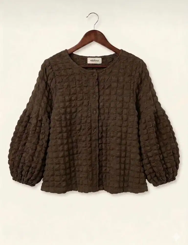 Puff-Sleeve Textured Top Mocha / motif timbul