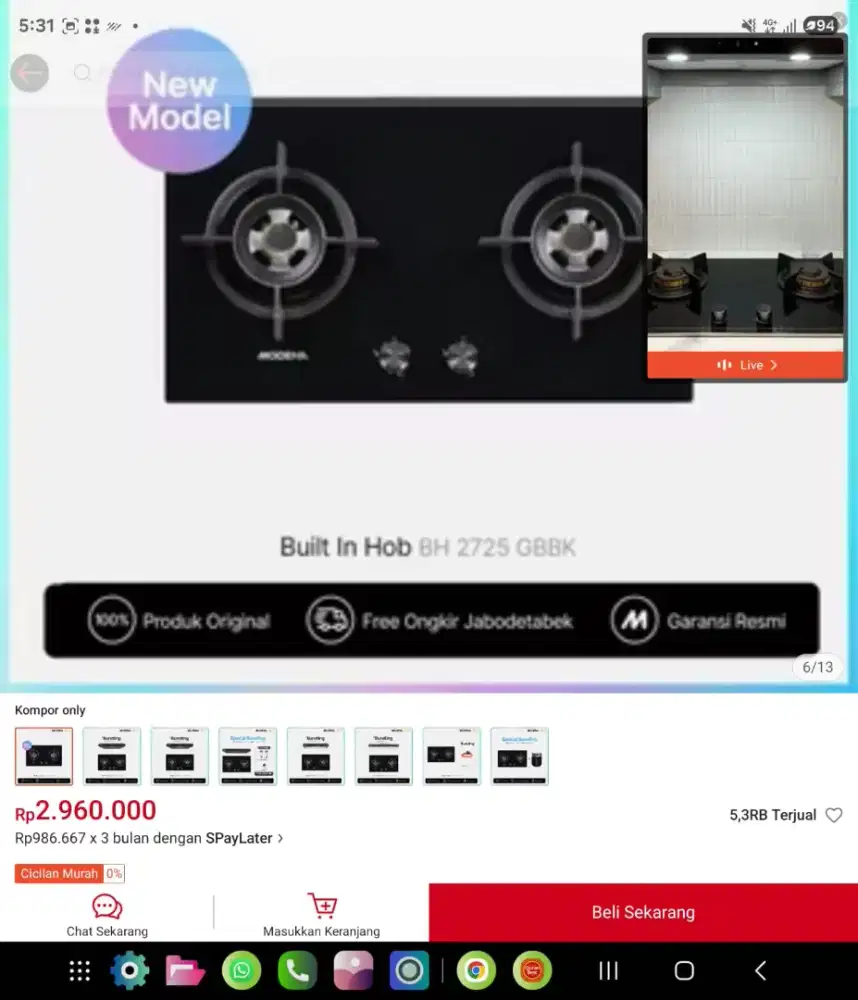 Kompor Tanam & Cooker Hood Modena
