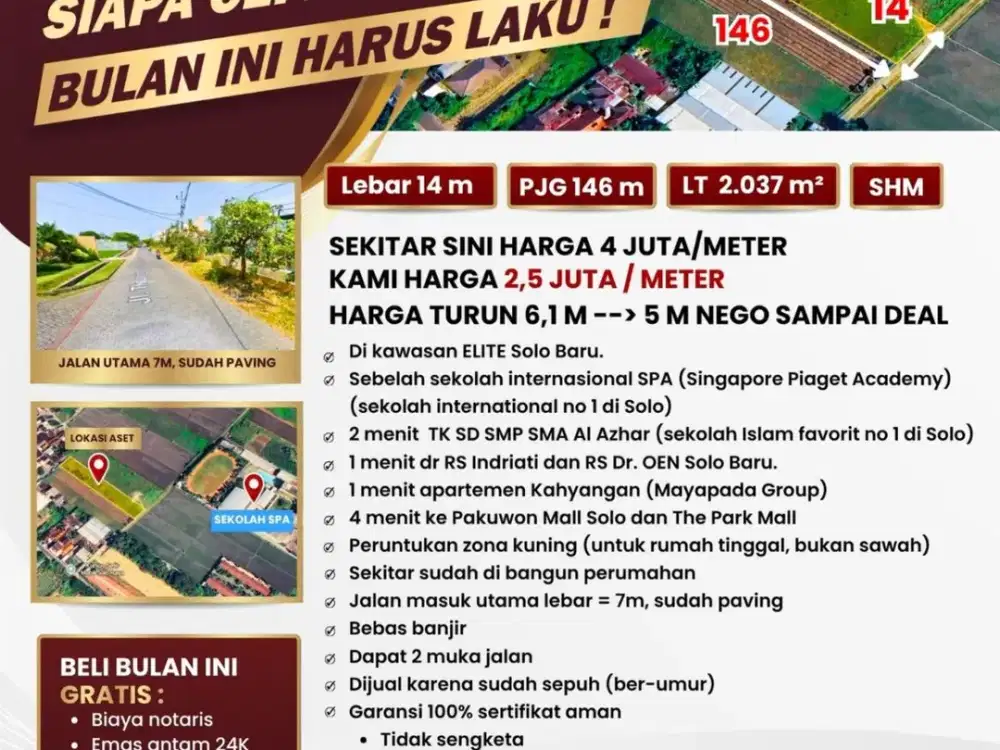 DIJUAL CEPAT TANAH STRATEGIS DI KAWASAN ELITE SOLO BARU