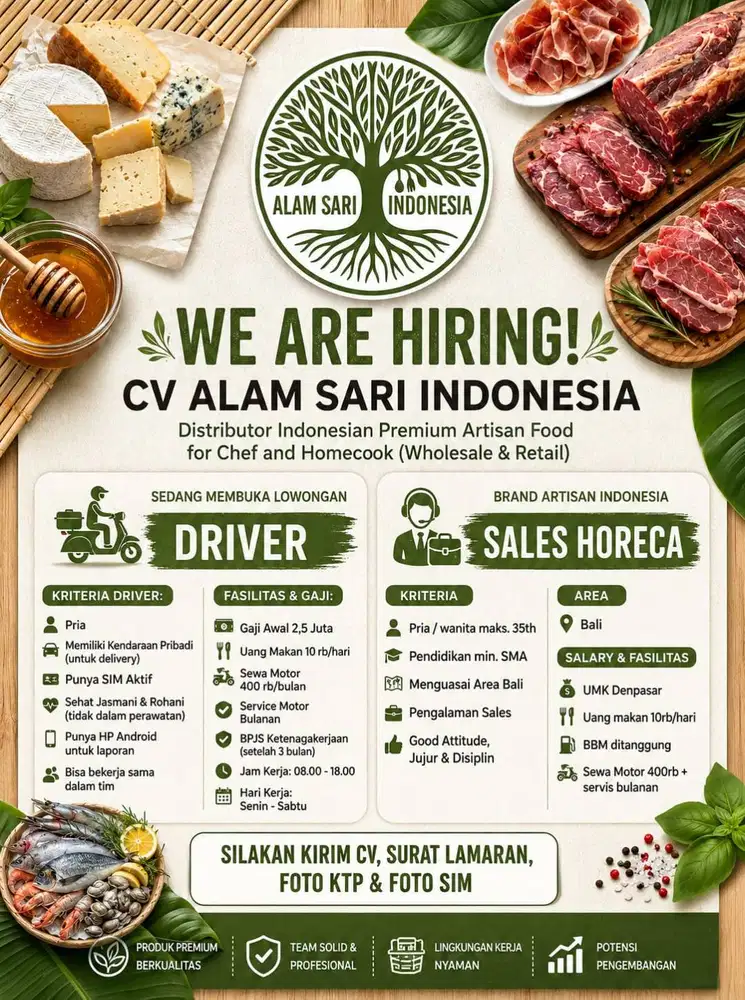 Lowongan kerja di bagian driver dan bagian sales horeca