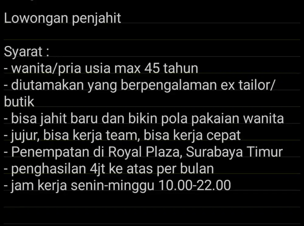 Lowongan penjahit di Royal Plaza Surabaya