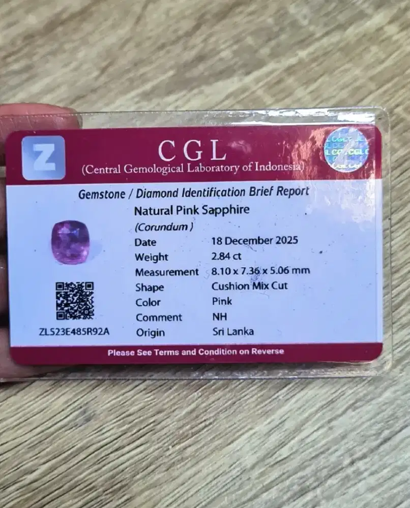 Natural Pink Sapphire CGL 2.84 Carat Sri Lanka NH Cushion Mix Cut