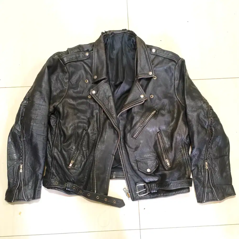 NEGO Jaket Kulit Asli Hitam Vintage Ramones Biker Artist Rock Leather