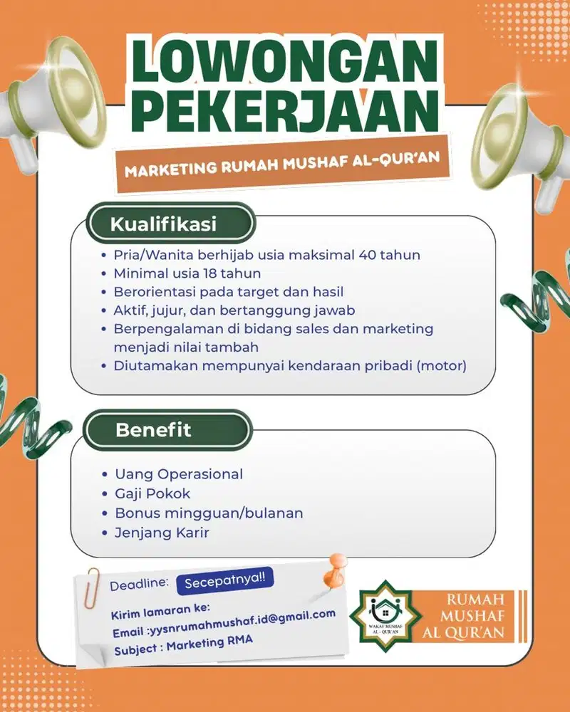 LOWONGAN KERJA MARKETING RUMAH MUSHAF AL-QUR'AN