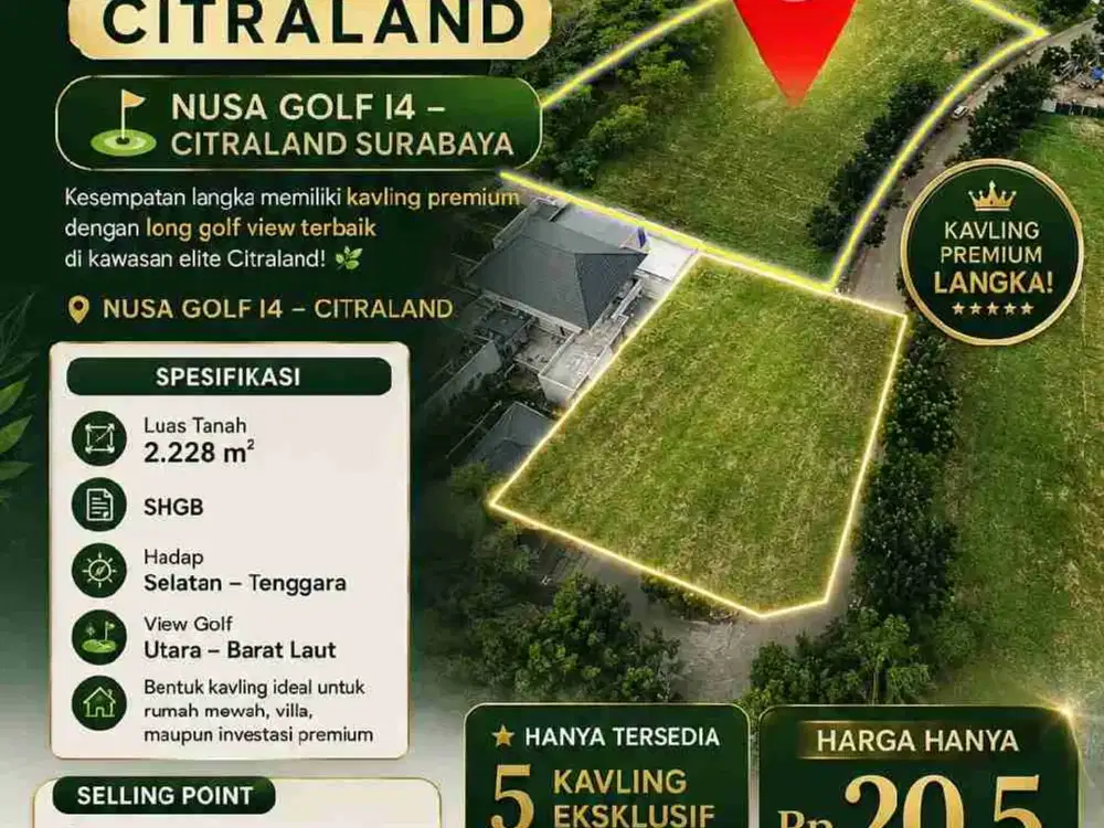 Dijual Kavling Tanah Golf View di kawasan Elite Citraland Sby