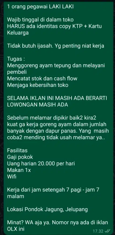 Dibutuhkan 1 orang Laki laki menggoreng ayam tepung & melayani pembeli