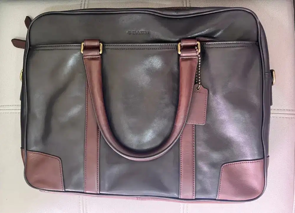 Coach 2Tone Black Brown Leather Vintage Laptop Messenger Crossbody Bag