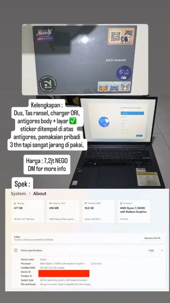 ASUS Vivobook Ryzen 5 5600H RAM 16GB SSD 512GB Nego