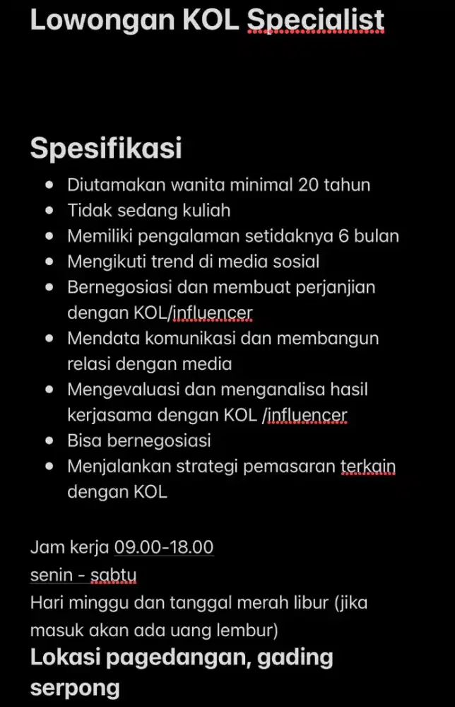 DIBUTUHKAN KOL SPECIALIST