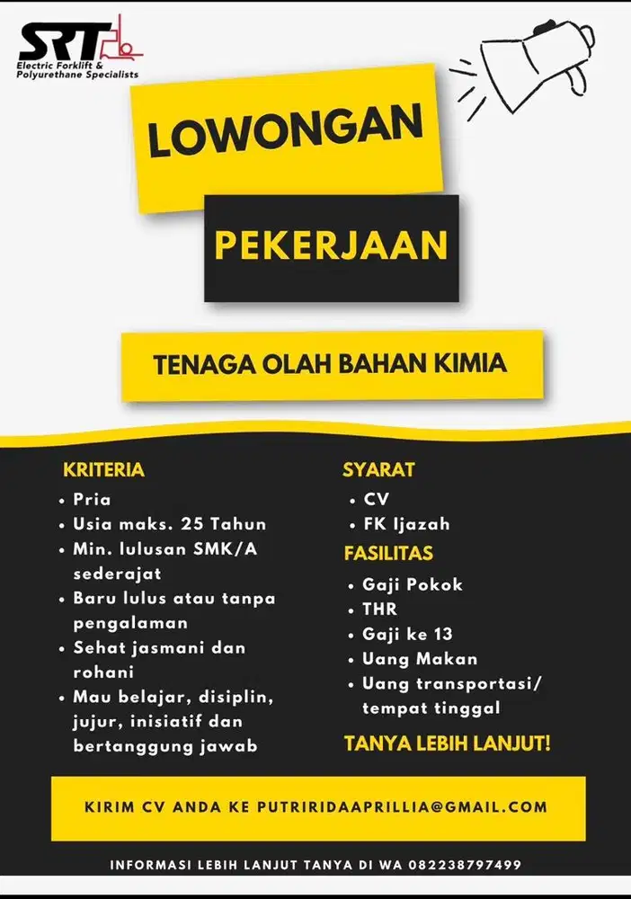 TENAGA OLAH BAHAN KIMIA/ SERABUTAN/ KERJA KASAR