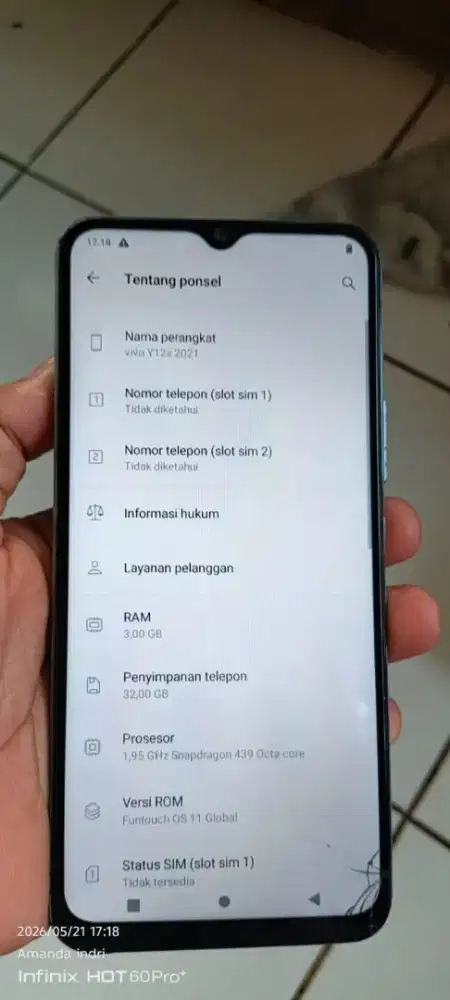 Vivo. Y12s. 2021.  3/32. Mnus gantian layar SMA retak normal smua
