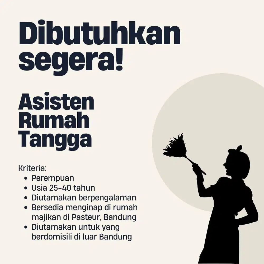 Dibutuhkan Segera ART Menginap di Pasteur, Bandung.