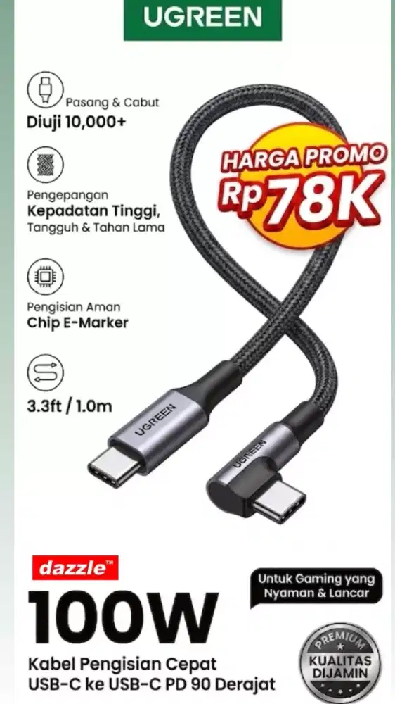 Kabel data ugreen c to c 100 Watt 1m /70643