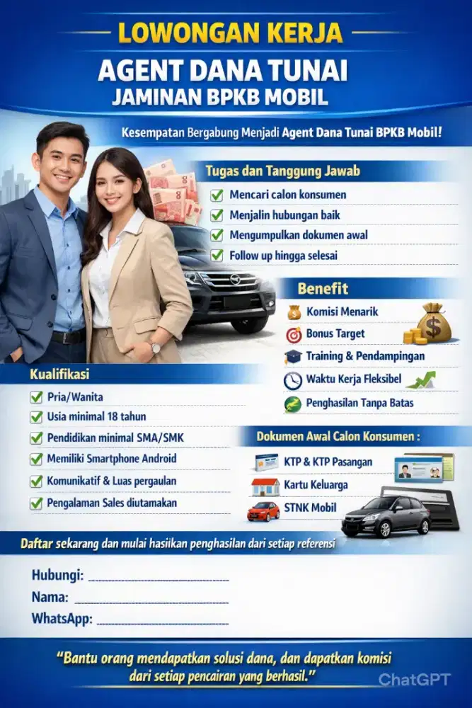 LOWONGAN KERJA – AGENT DANA TUNAI JAMINAN BPKB MOBIL