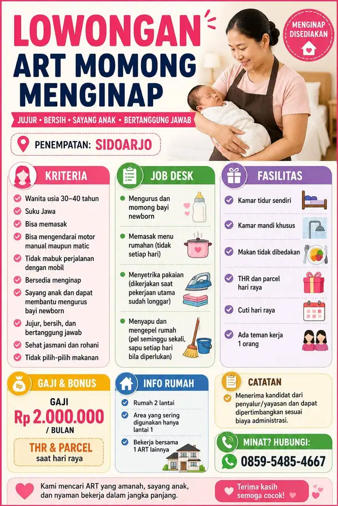 Dicari Segera ART Momong untuk Daerah Sidoarjo (Menginap)
