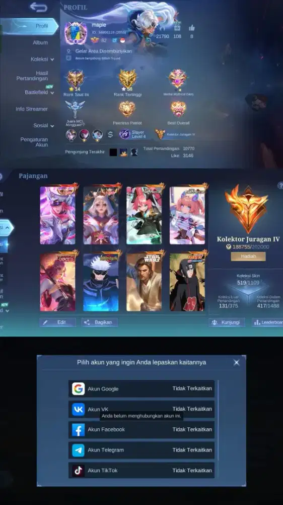 Akun Mobile Legends ML kolektor juragan IV