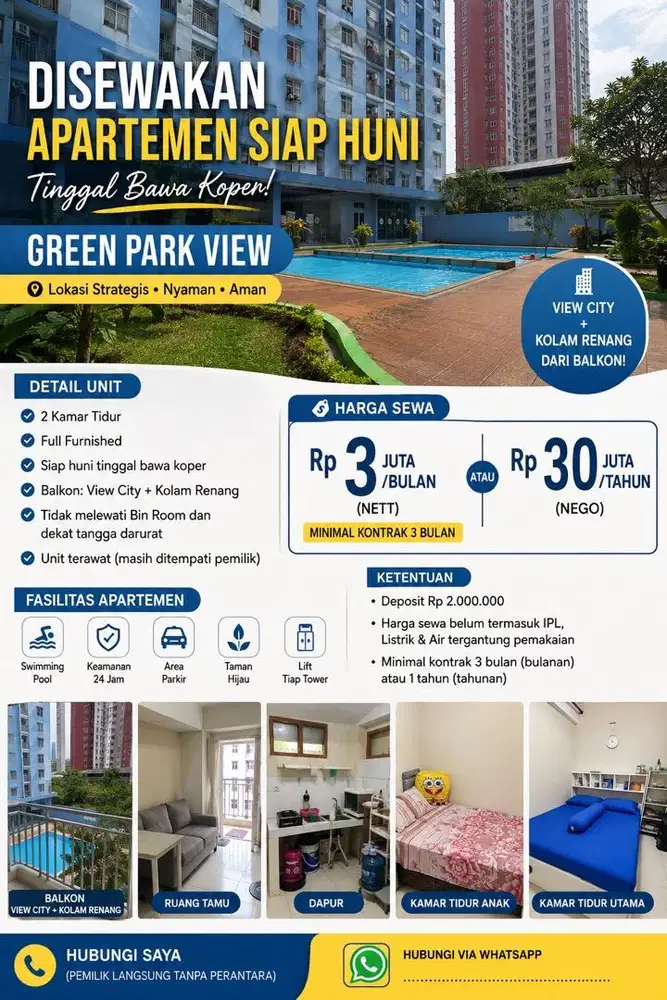 Disewakan 2 BR Apartemen Green Park View Daan Mogot Jakbar