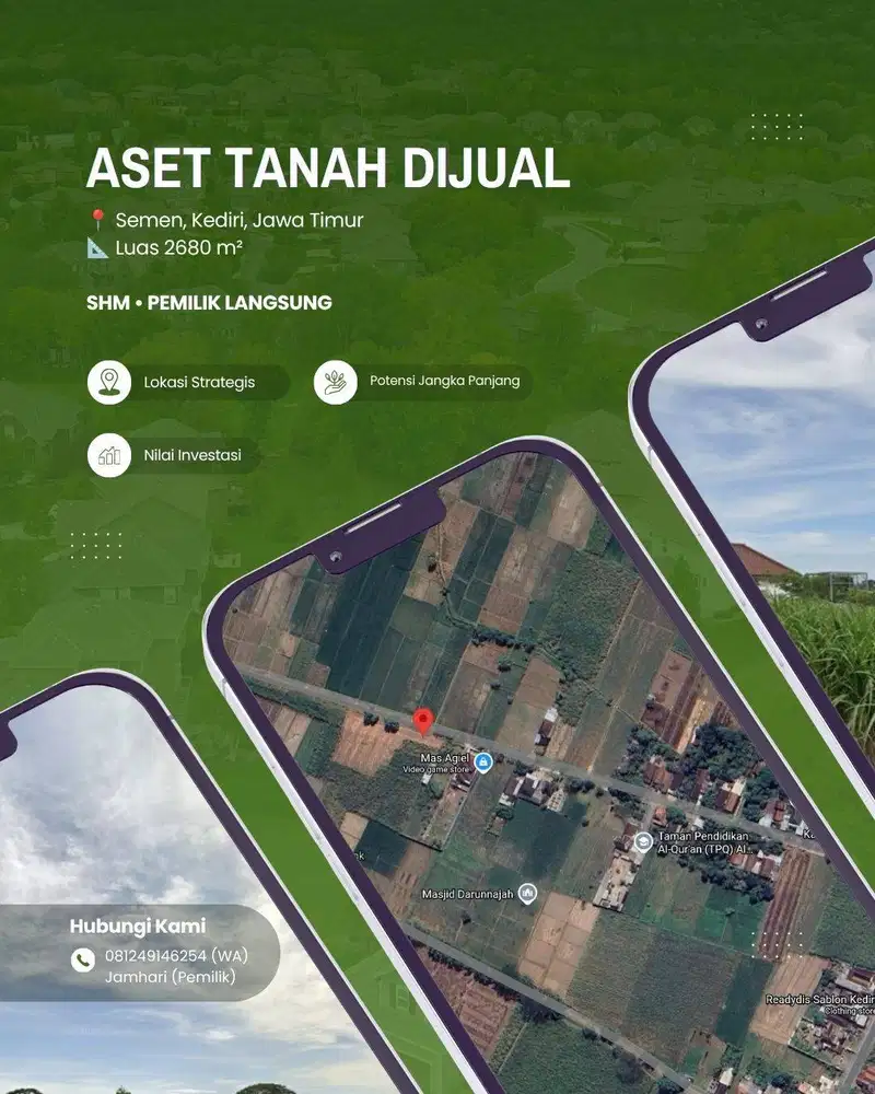 TANAH SHM 2680 m² – KEDIRI, JAWA TIMUR – DEKAT PEMUKIMAN & AKSES JALAN