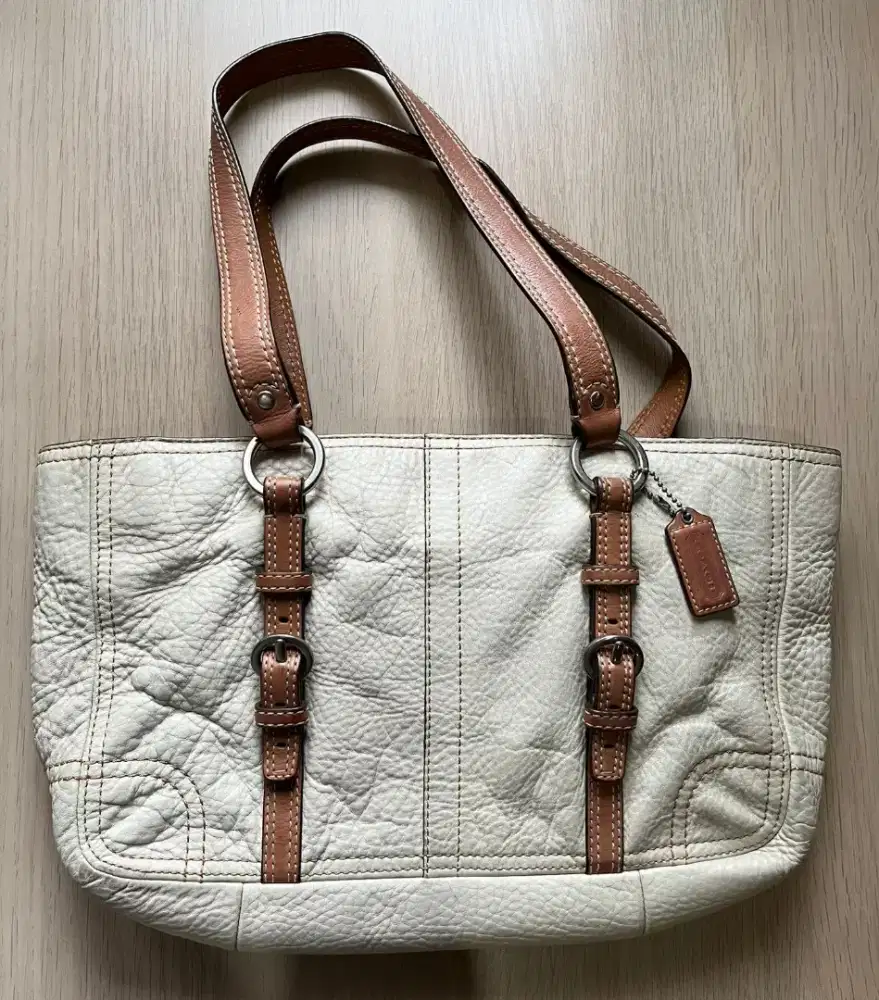 Coach Pebbled Leather Tote Shoulder Bag Cream