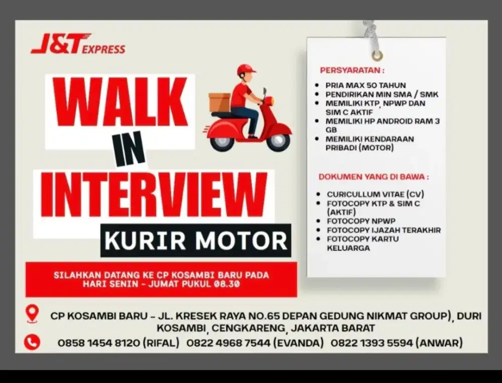 Lowongan kurir JNT duri Kosambi
