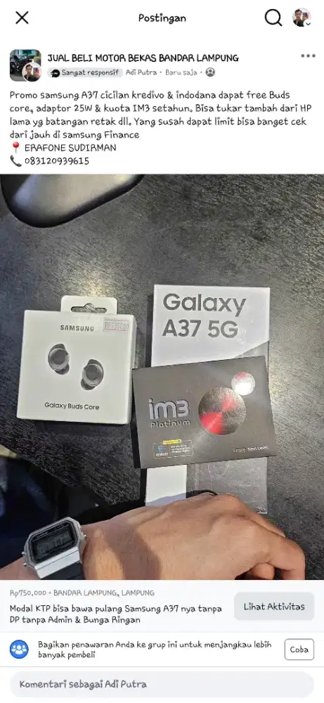 Samsung A37 8/256 Free Buds Core, Adaptor 25W, Kuota IM3 setahun