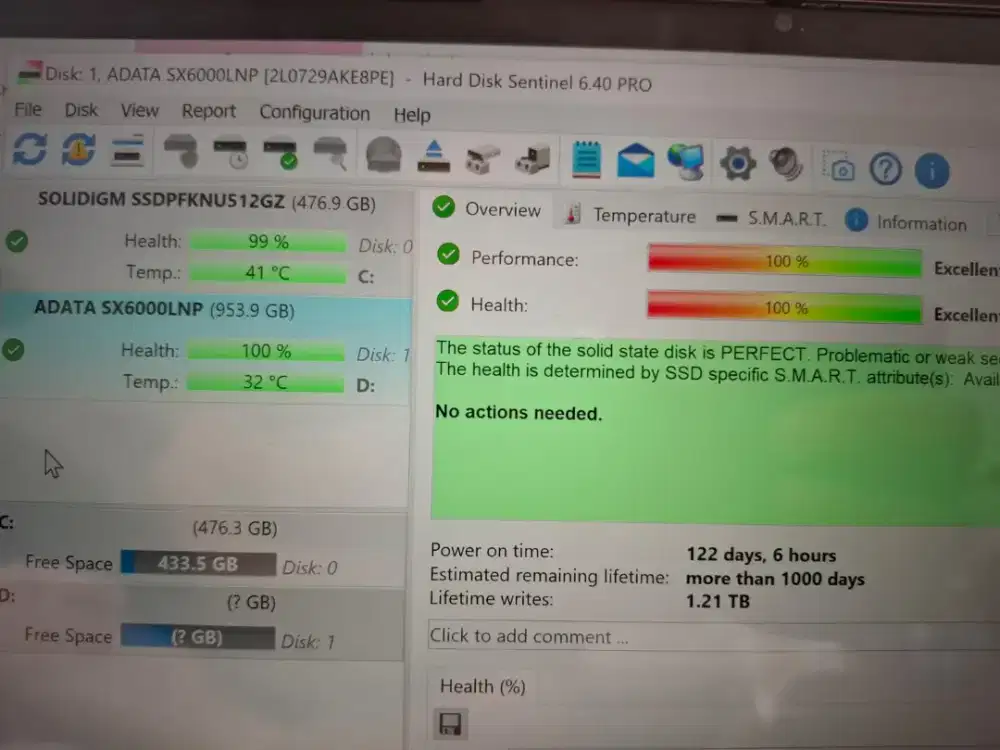 SSD 1TB m.2 nvme merk ADATA SX6000LNP seken normal sentinel 100/100